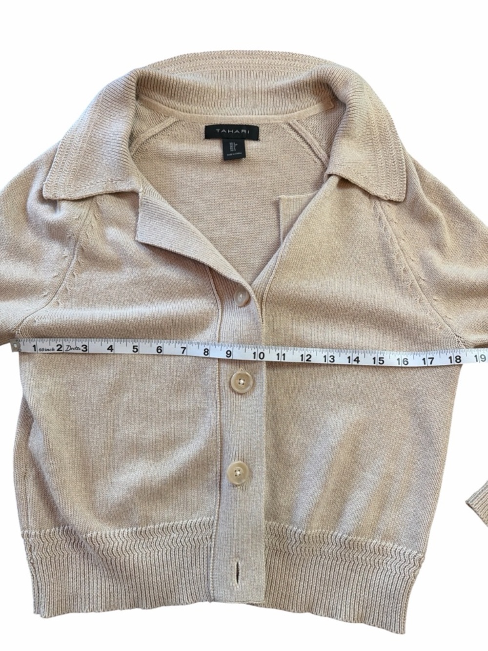 TAHARI 100% Cotton Beige Knit Collared Cardigan Minimalist Quiet Luxury S - Picture 5 of 7